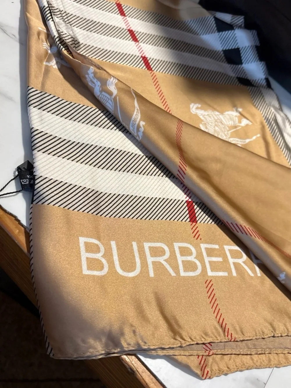 Burberry Camel Plaid Logo Silk Scarf with Red Accent - Picture 1 of 3